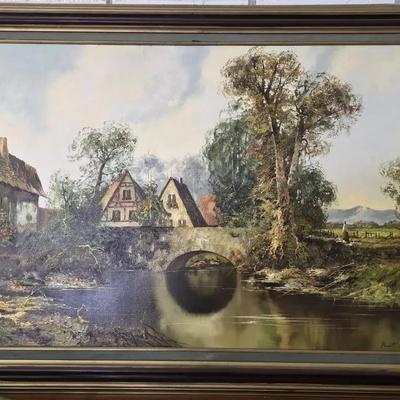 Oil painting titled "Cottage by a Stream" or "German Village" by the 20th-century American artist