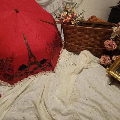 Red Eifel Tower Umbrella, Oblong Table Covering, Large Wicker Basket, Floral Decor