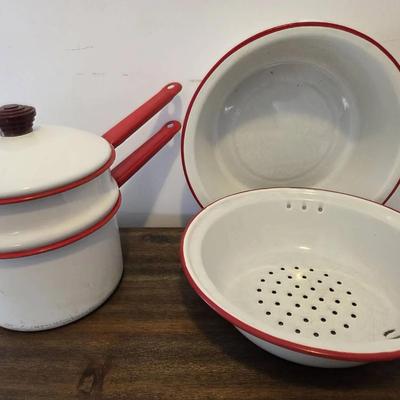 Vintage Enamelware Double Boiler Set in White with Red Trim, with Strainer & Bowl.