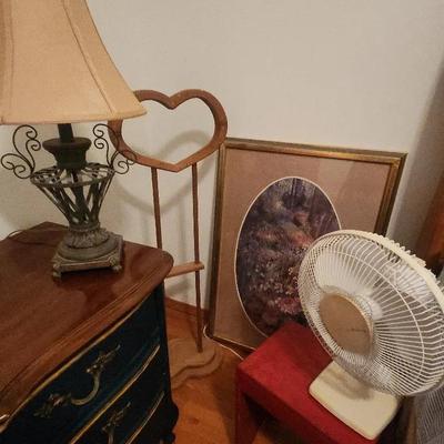 Table Lamp, Display Stand, Electric Fan, Large Framed Picture, Wooden Step Stool