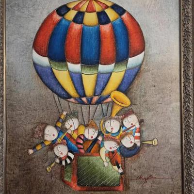 Joyce Roybal Canvas Wall Hanging Musicians Orchestra Hot Air Balloon Framed Signed