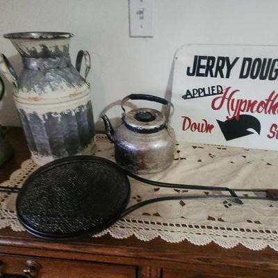 Antique Kettle, Milk Jug, Tea Kettle, Bed Warmer & Metal Antique Sign