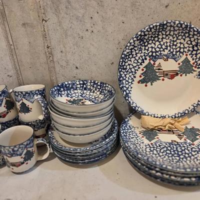 Set Of 6 Folk Craft by Tienshan Cabin in the Snow Spongeware Dinnerware Set