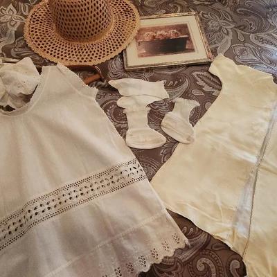 Antique Doll Clothing Dresses, Bonnet, Straw Hat, & Ann Geedes Baby Photo