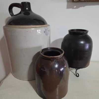 Antique 5-gallon Two-tone Stoneware Crock Jug & 2 Vintage Brown Glazed Stoneware Preserve Jar