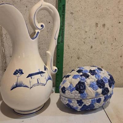 Vintage Portuguese Wash Vase And Glass Trinket Box