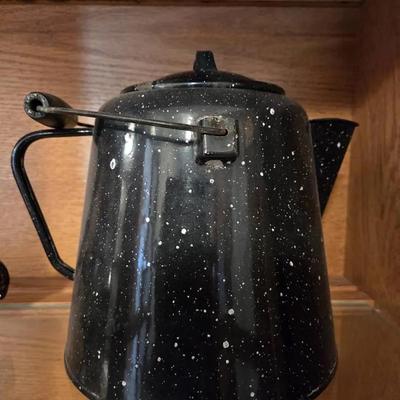 Vintage Black and White Speckled Enamelware Coffee Pot with Lid