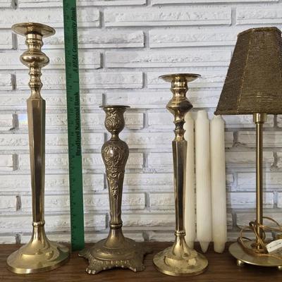 Vintage Brass Candles Sticks And Lamp