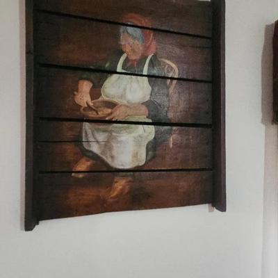 Antique Painting On Wood Planks Dipicting A Woman Preparing Food