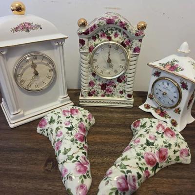 Vintage Porcelain Mantel Clock and Wall Pockets