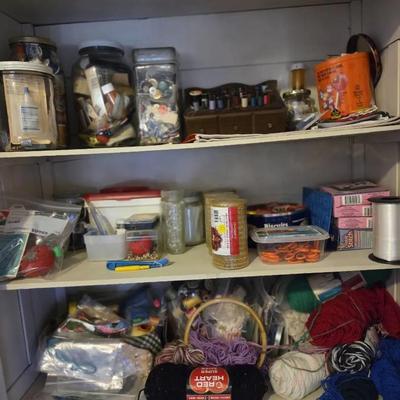 Sewing, Buttons And Yarn Supplies. Whole Cabinet 3 Shelves