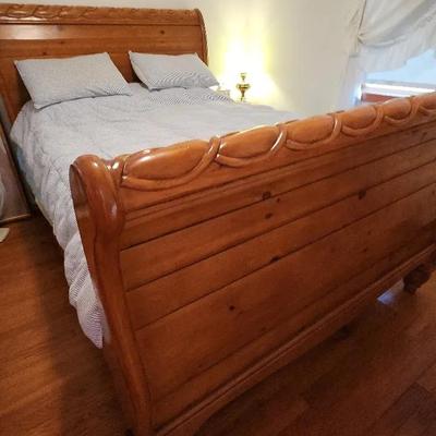 Queen Size Wooden Sleigh Bed, Mattress And Bedding Pictured 