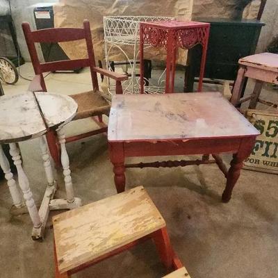 Large Group Of Antique Plant Stands, Small Table, Antique Childs Rocking Chair 