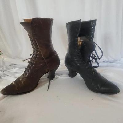 Victorian Edwardian Lace-up Leather Boots, Two Boots