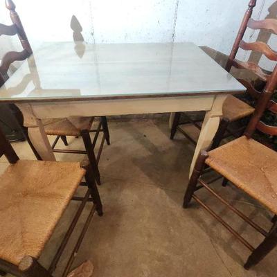 Dining Table With Bumpout & Four Antique Ladderback Chairs