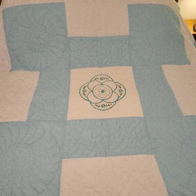 Handstitched Blue & White Quilt With Embroidered Centerpiece 