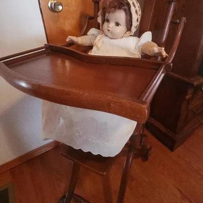 Madam Alexander Vintage Doll & Wooden Walnut Highchair 
