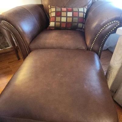 Brown Leather Living Room Sofa Chair With Ottoman 