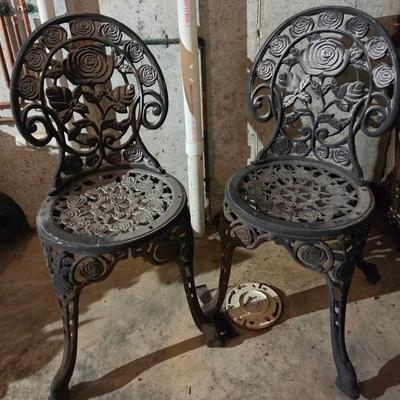 Set Of 2 Cast Iron Rose Pattern Patio Chairs