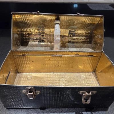 Vintage Black Metal Dome-Top Miner's Lunch Pail Gold Color Inside