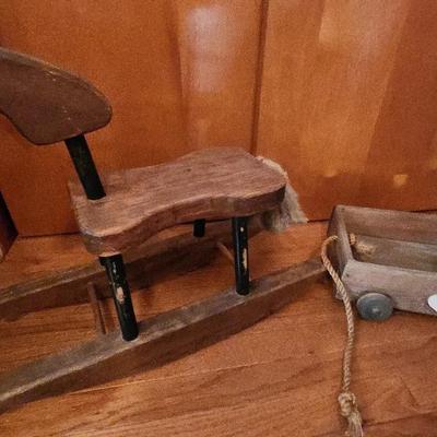 Two Wooden Rocking Horses & Small Wooden Wagon