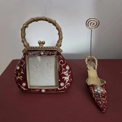 Red & Gold Handbag-shaped Picture Frame and Matching High-Heel Shoe-Shaped Card or Name Holder