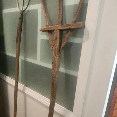 Two Large Antique Pitchforks Hayforks