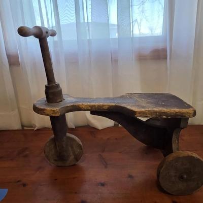 Vintage Primitive Kid Wood 3 Wheel Ride On Tricycle Wooden Wheels
