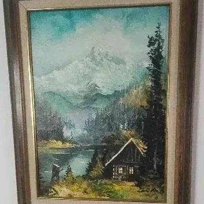 Framed Oil Painting On Canvas Of A Cabin In The Forest
