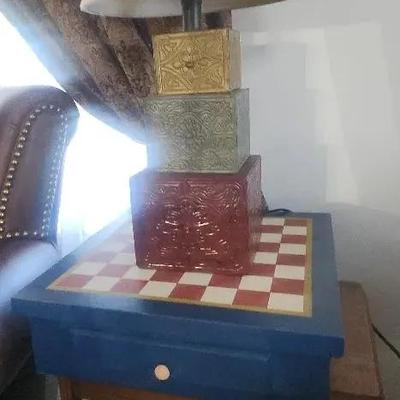 Antique Side Table, Table Lamp & Wooden Checkers