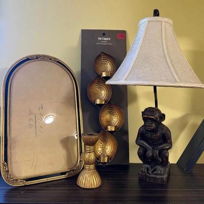 Monkey Table Lamp, Gold-Toned Frame & Candle Holders