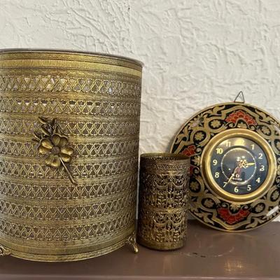 Vintage Hollywood Regency Gold Wastebasket & Canister With Brass Wall Clock 
