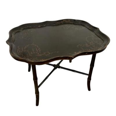 Chinoiserie Faux Bamboo Brown Lacquer Scallop Tray Top Cocktail Table
