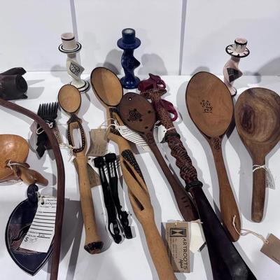 African Wooden Spoons, Comb, Scoops And Soapstone Carved Candlestick