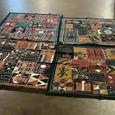 4 Hand Painted Batik Cloths 100% Cotton, sizes 57"x57" and 70"x57"