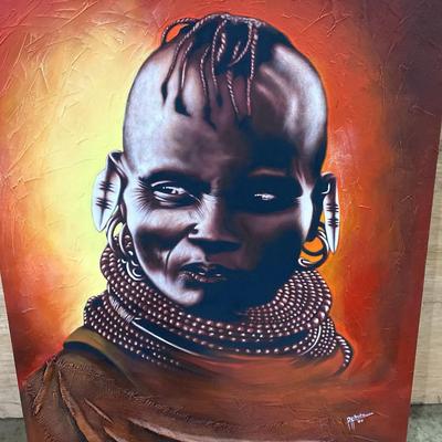 Large, striking, Original African Warrior Painting – Signed “DK Butu,” Oil on Burlap, 37” × 47”