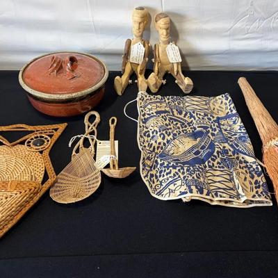 Woven Grass Potholders, Spoons. Artifacts, Wood Carved Puppet