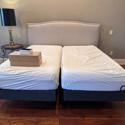 Upholstered Adjustable King Bed, Eco Comfort Mattresses, excellent condition, Nightstand And Lamp