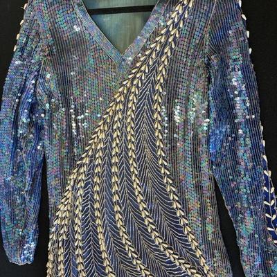 Hand-Beaded Blue & Gold Evening Dress – South Asian / Middle Eastern Inspired, Size M