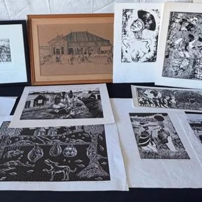 Collection of Black and White Folk Art African Block Prints, 2 framed drawings