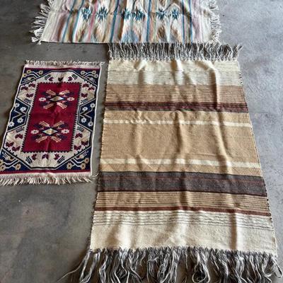 Three Handwoven Accent Rugs & Blankets – Tribal & Southwestern Style (red 36"x30", brown 38"x55")