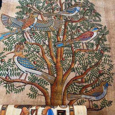 3 AfricanHand-Carved Canes, Framed Navajo Code Talker Print & Indian Papyrus “Tree of Life” Painting