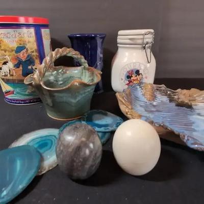 Cracker Jack Tin, Disney Canister, Calvert Hand Thrown Pottery, Geod And Stone Salt & Pepper Shakers