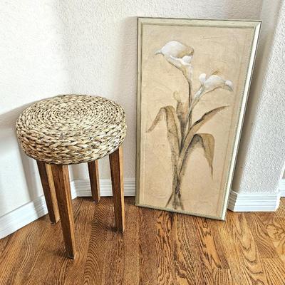  Rattan Accent Stool with Floral Framed Wall Art with Real Gold Leaf