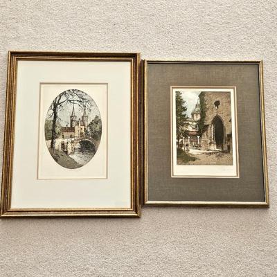  Pair Antique Scottish Architectural Etchings – Edinburgh – Signed – Framed