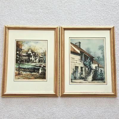  Pair Vintage Framed European Cottage Scene Prints – Etching Style – Signed in Plate – 14" x 18"