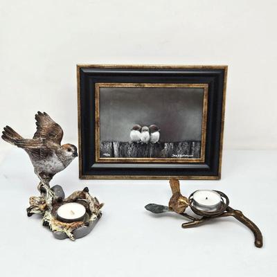 Bird Lovers Lot – Sue Shahan Limited Edition Framed Art 24/50 + 2 Bird Candle Holders