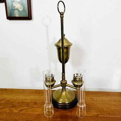 Antique Style Brass Student Lamp with Two Glass Chimneys - Electric