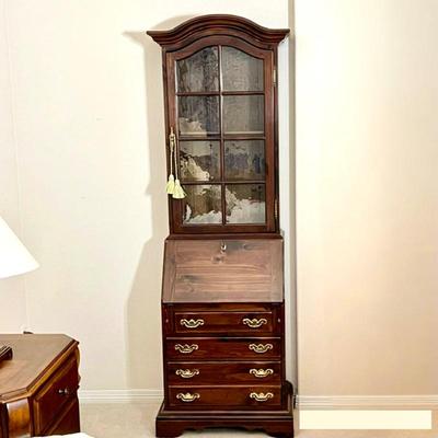 Vintage Ethan Allen cherry wood drop-front secretary desk with a bookcase hutch