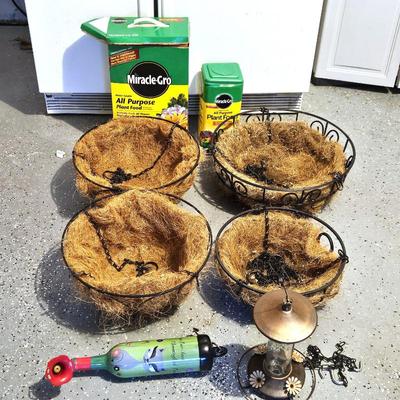 -Miracle-Gro Plant Food and Garden Accessories Lot with Hummingbird Feeders and Hanging Baskets
